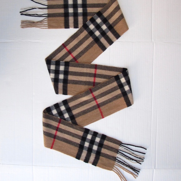 Burberry Scarf NOVA Cashmere Plaid Skinny Long Fringe made Scotland 5.75 by 86